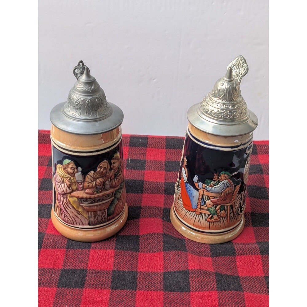 Vintage German Beer Steins w/ Pewter Lids  7” Relief Tavern & Chalet Lot of 2